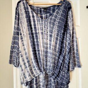 Womens Plus 2X New Directions Curvy Blue Tie Dye Front Knot 3/4 Sleeve Top Shirt